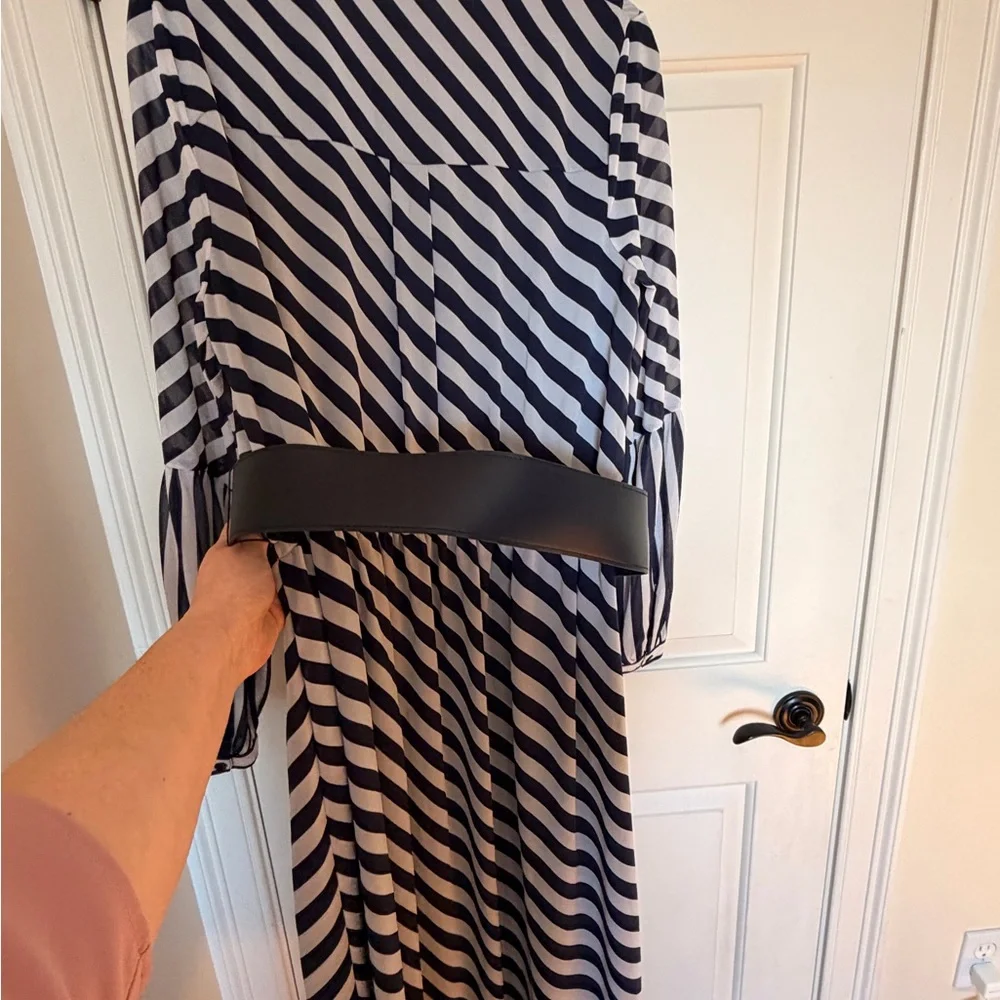 Michael Kors Navy and White Diagonal Striped Long Sleeve Midi Dress